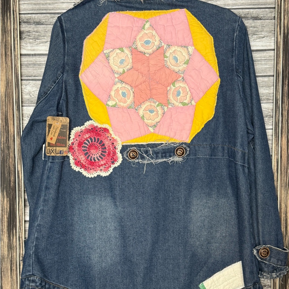 UpCycled Recycled Handmadee Reworked Vintage Quilt Denim Jacketet Coat Gypsy XL